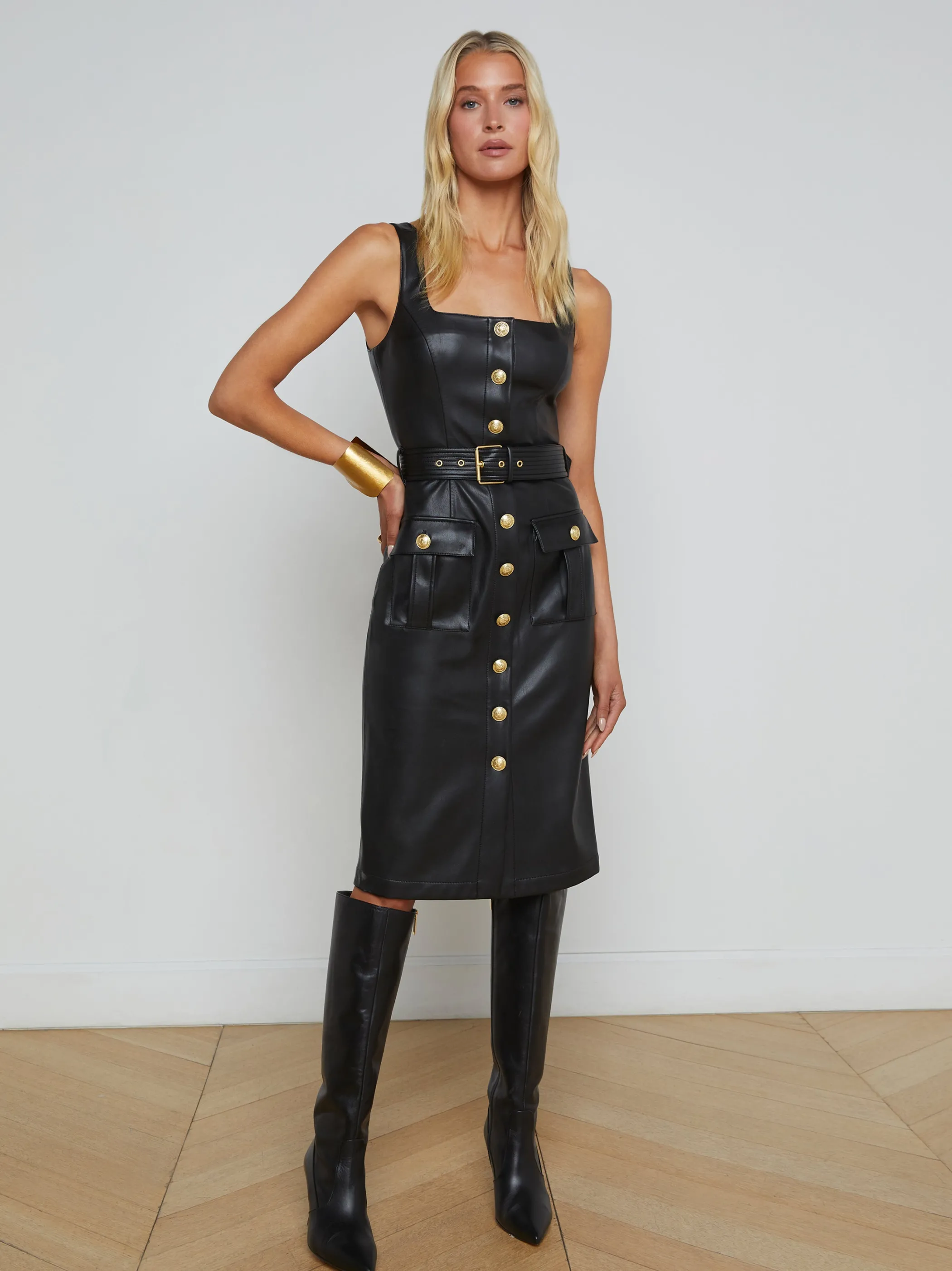 Dresses & Jumpsuits*L'AGENCE IDY BUTTON-FRONT DRESS BlackLeather/Gold