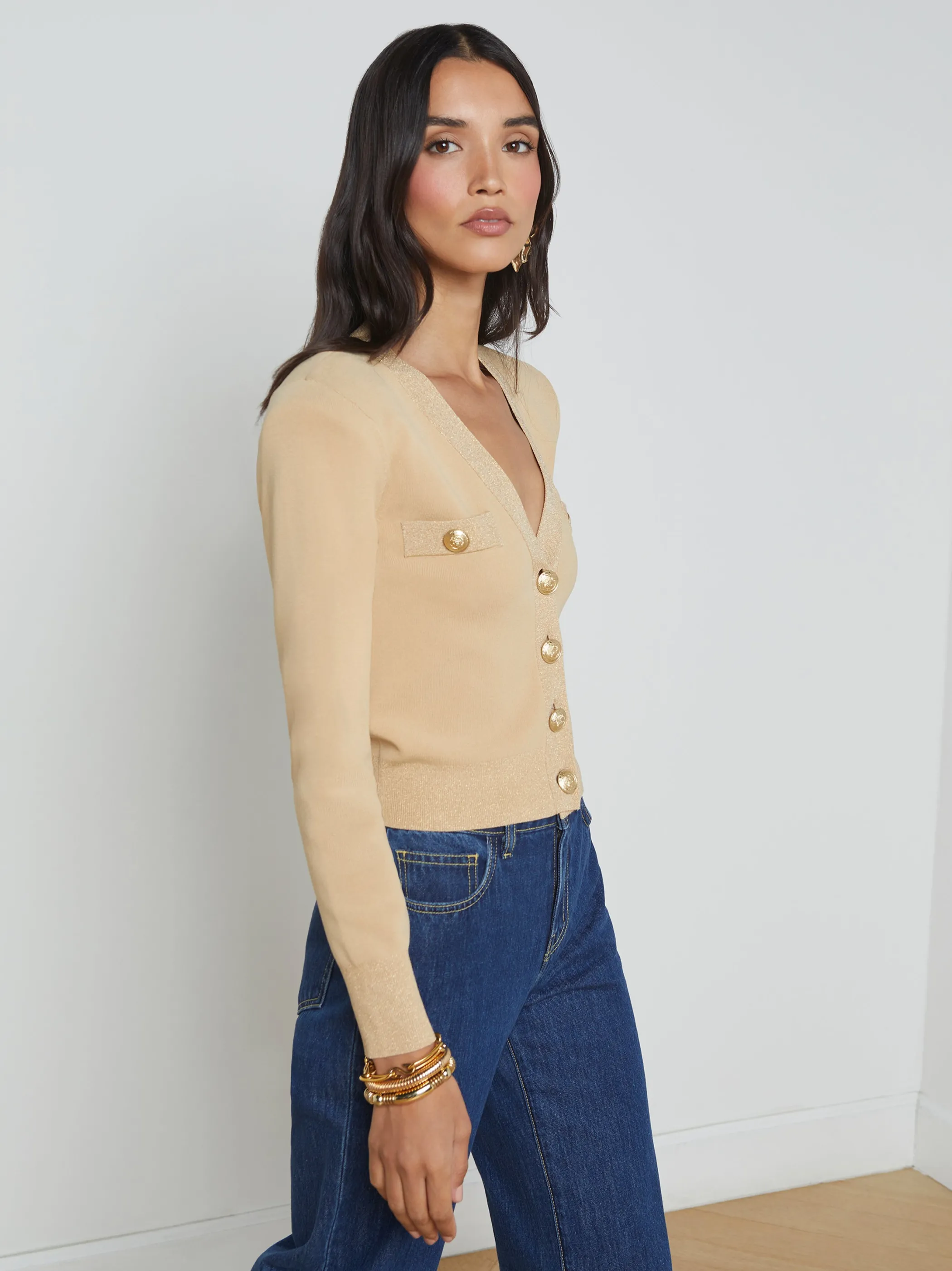 taya_vneck_cardigan_2.webp Blouses & Tops | Knitwear*L'AGENCE TAYA V-NECK CARDIGAN Latte/Gold