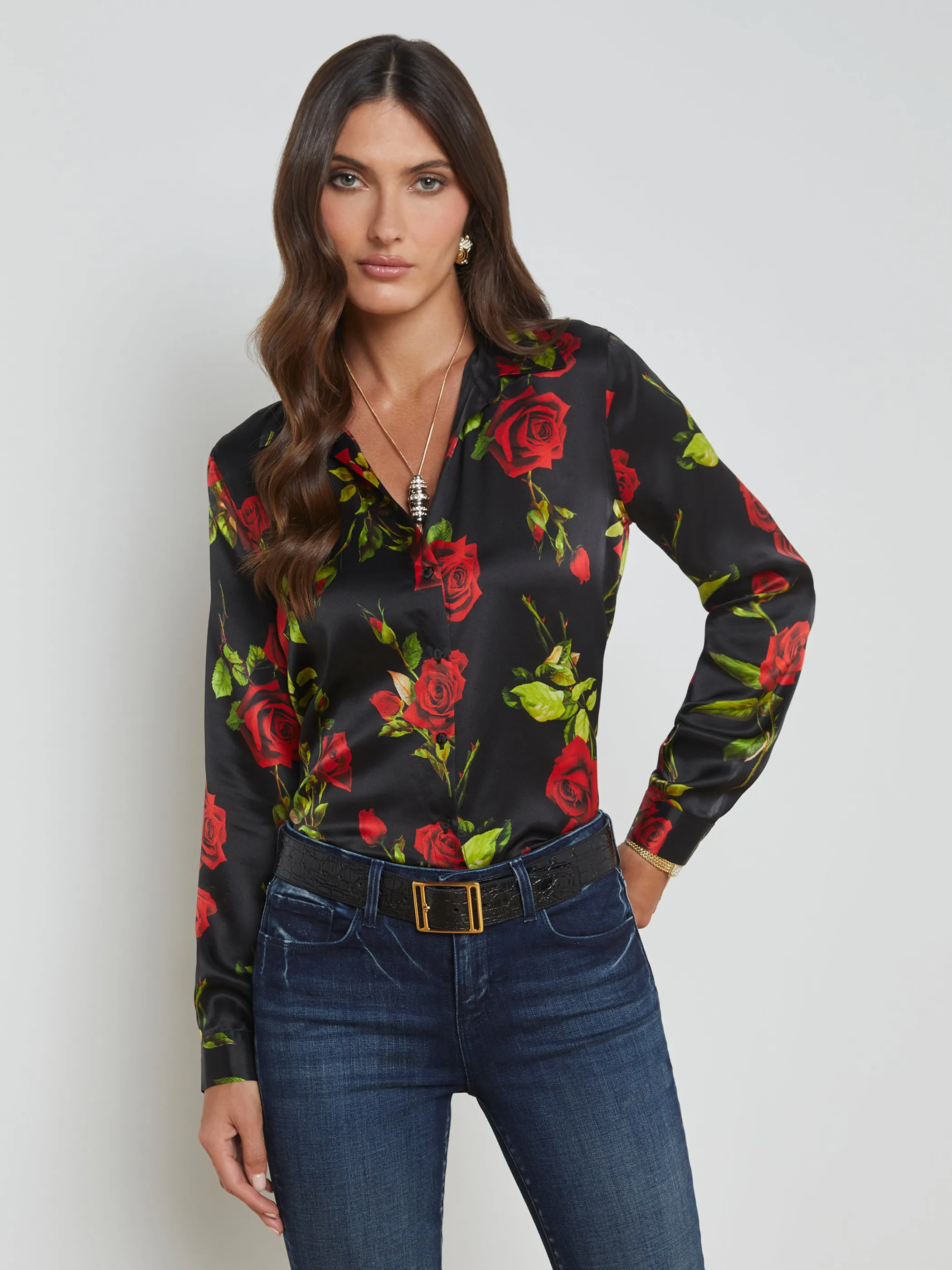 Blouses & Tops*L'AGENCE TYLER SILK BLOUSE BlackMultiRomanticRose