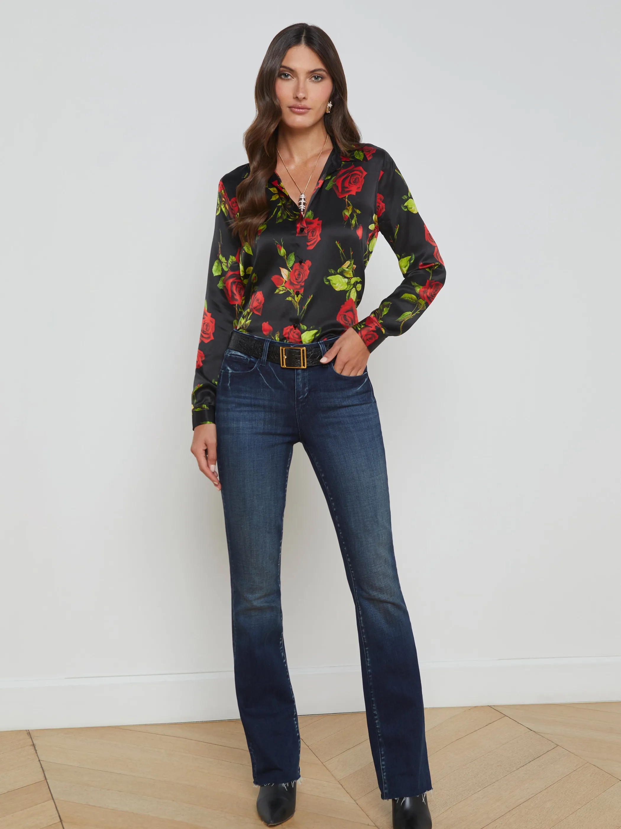 Blouses & Tops*L'AGENCE TYLER SILK BLOUSE BlackMultiRomanticRose